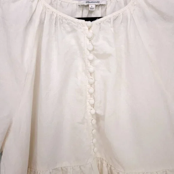 Madewell Tiered Mini Dress Linen Blend Pockets Ivory Size Large Boho Babydoll - Picture 9 of 13